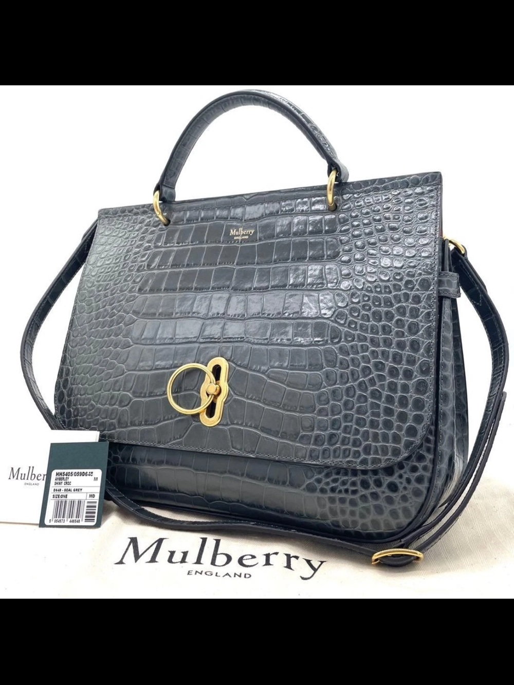 Mulberry Black Croc-Embossed Leather Satchel with Gold Hardware